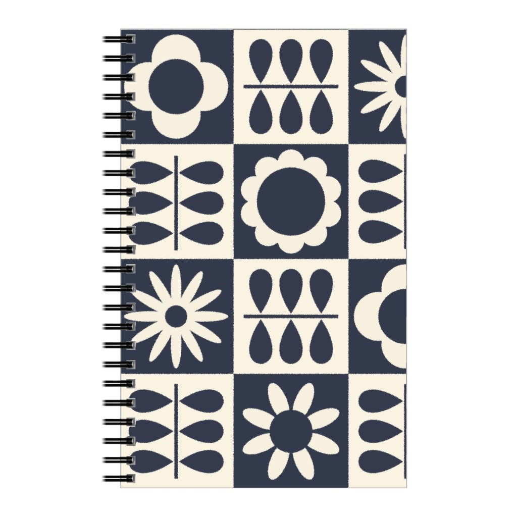 Scandinavian Checker Blooms - Off White and Navy Notebook, 5x8, Black