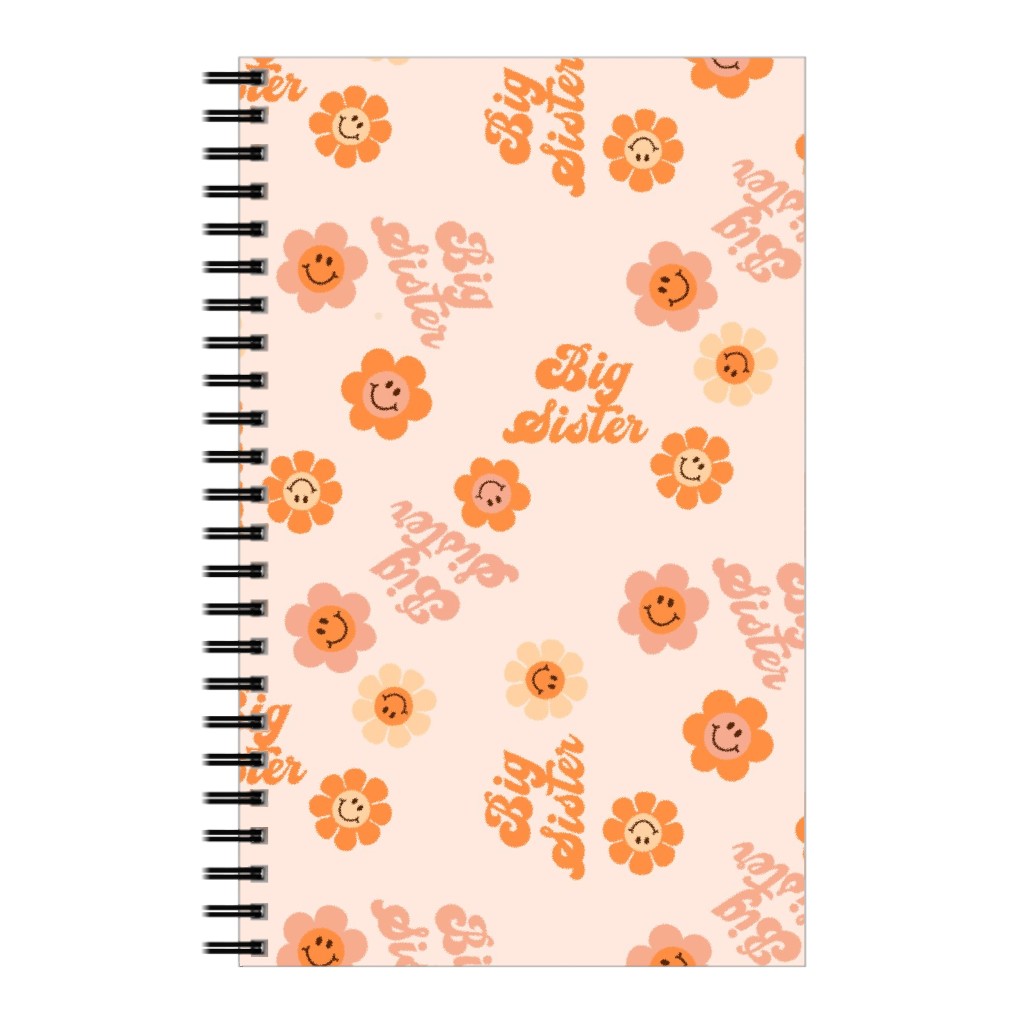 Big Sister Boho - Retro Smiley Floral Design - Muted Notebook, 5x8, Pink, Bright Pink