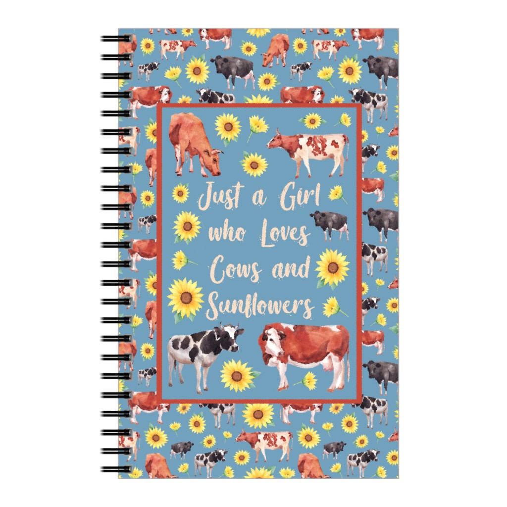 Just a Girl Who Loves Cows & Sunflowers on Blue Notebook, 5x8, Multicolor