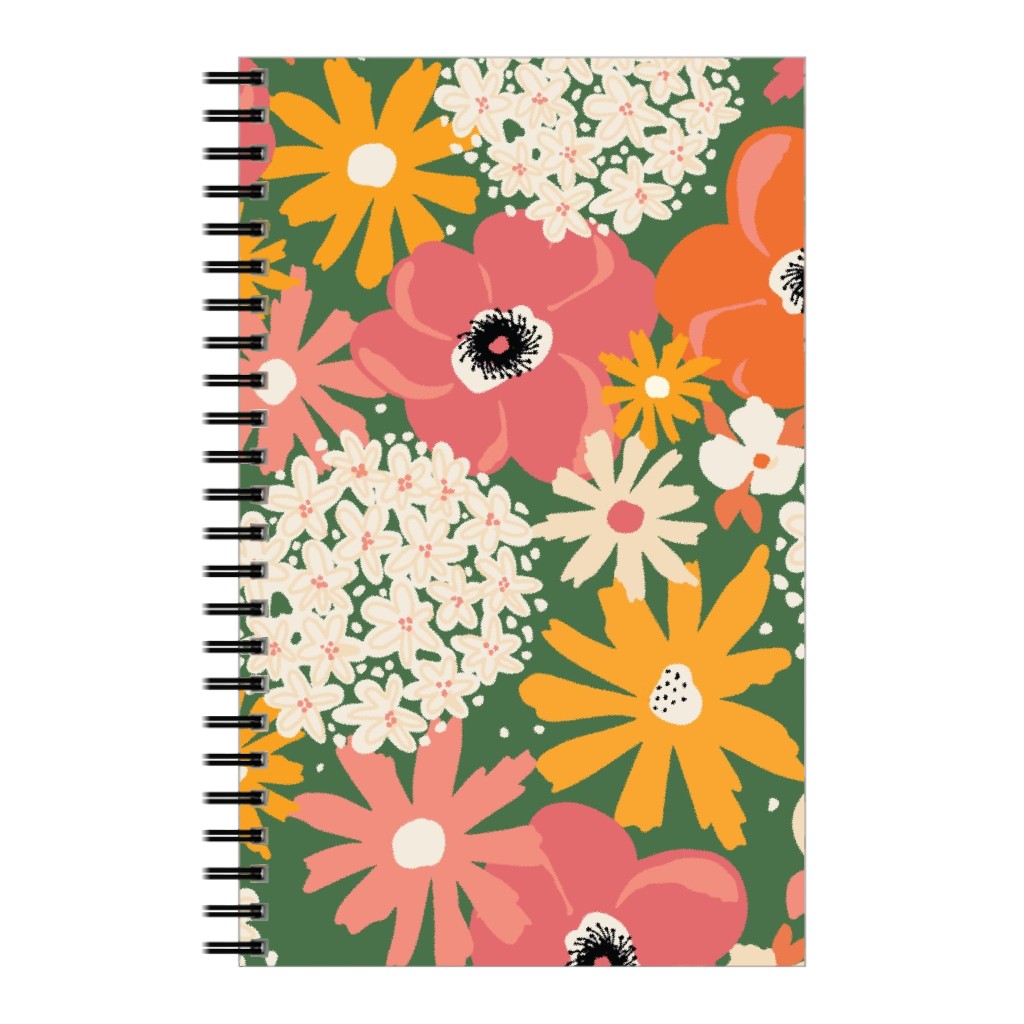 Summer Florals - Green Pink White and Orange Notebook, 5x8, Multicolor