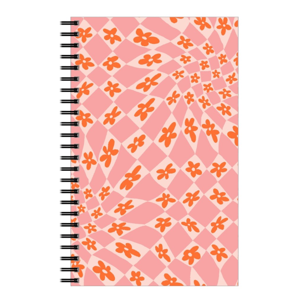 Trippy Checker - Floral - Pink and Orange Notebook, 5x8, Pink
