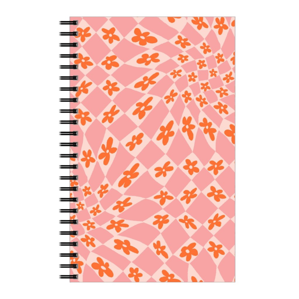 Trippy Checker - Floral - Pink and Orange Notebook, 5x8, Pink, Bright Pink