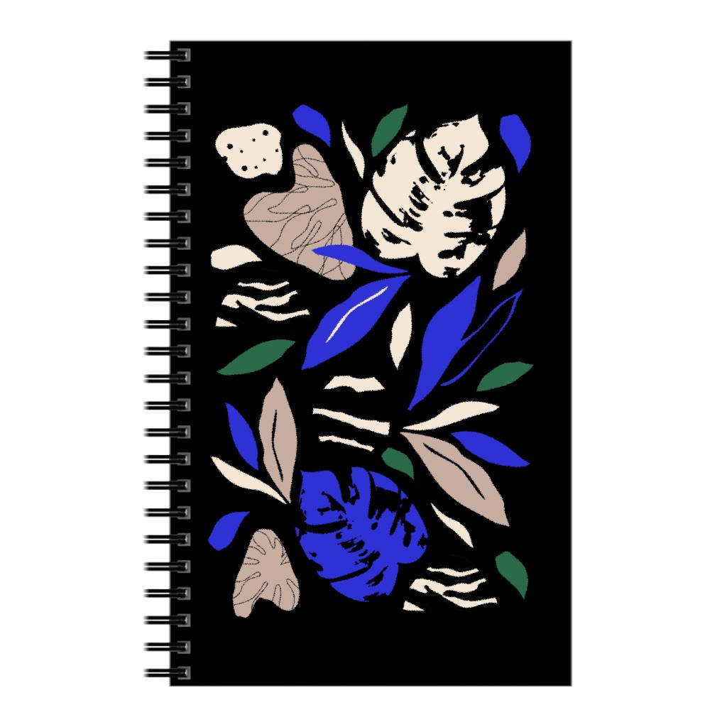 Abstract Leaves - Blue & Tan on Navy Notebook, 5x8, Blue