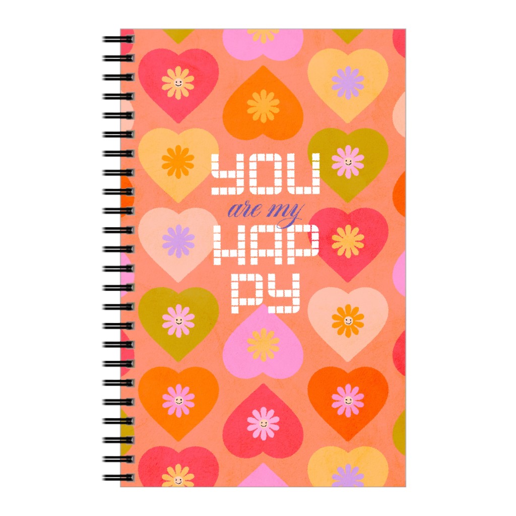 My Happy! Retro Love Daisy Heart Pattern - Peachy Notebook, 5x8, Orange