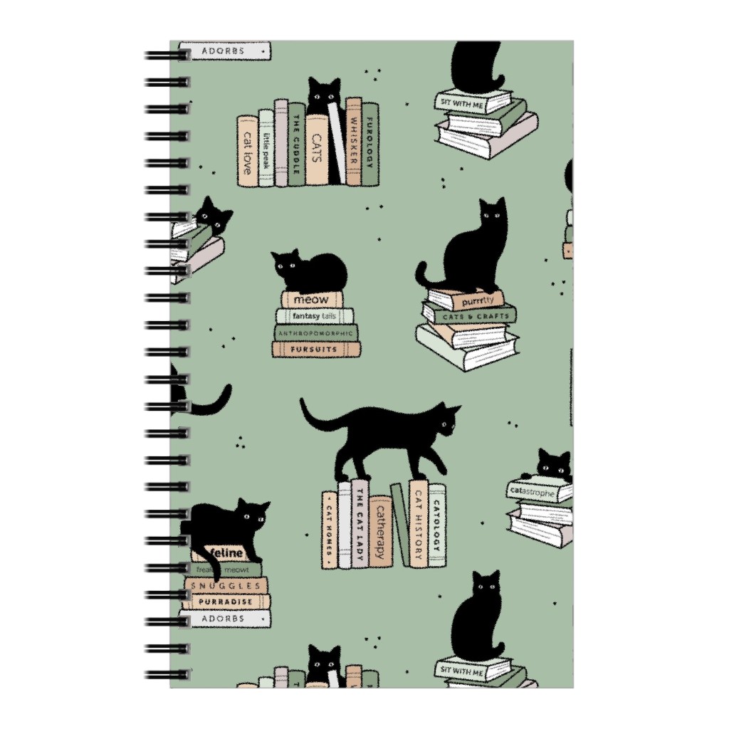 Cats and Books Notebook, 5x8, Green