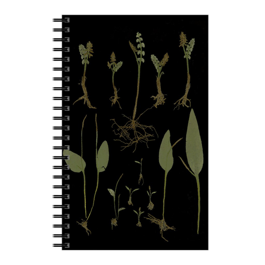 Botanicals At Midnight - Black and Green Notebook, 5x8, Black, Black
