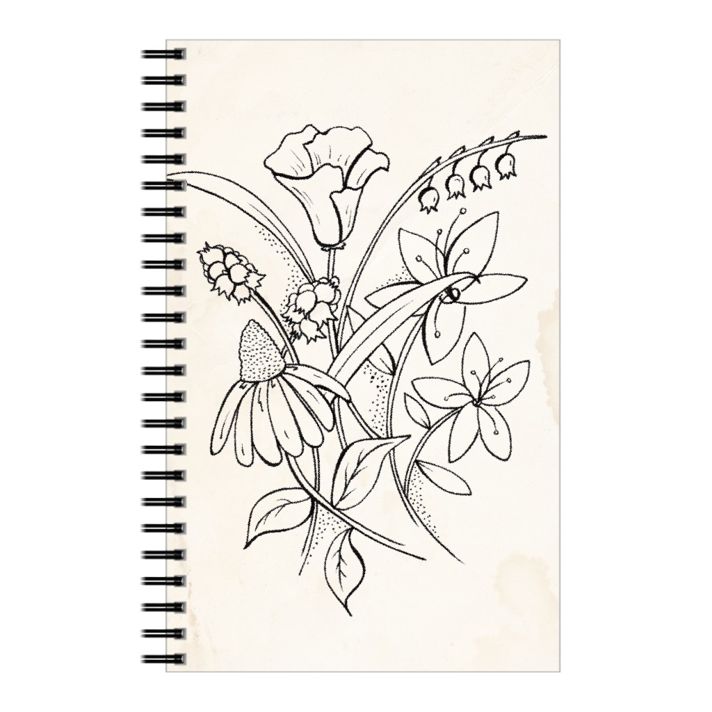 Vintage Wildflower Sketch - Beige and Black Notebook, 5x8, Beige