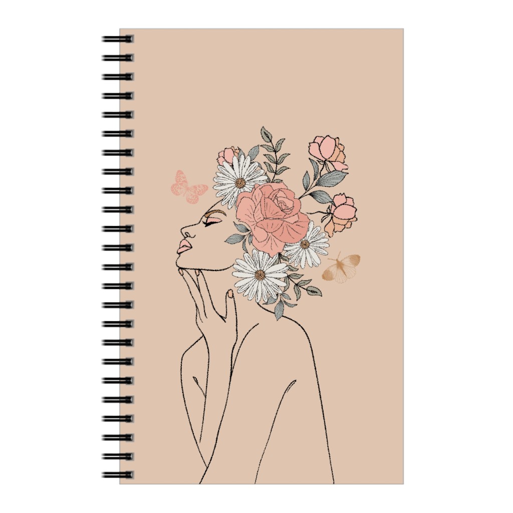 Feminine Line Art Botanical Sketch - Neutral Notebook, 5x8, Beige