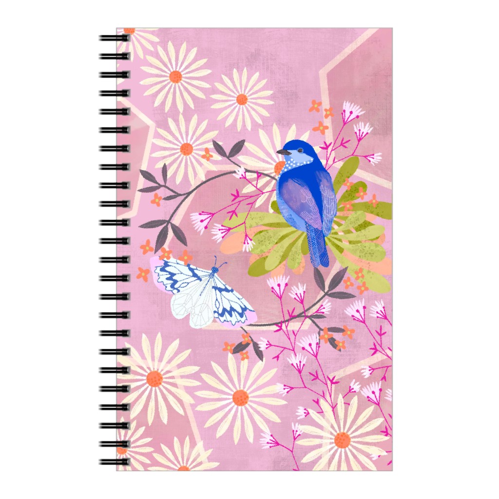 Birds and Butterfly - Pink Notebook, 5x8, Pink, Bright Pink