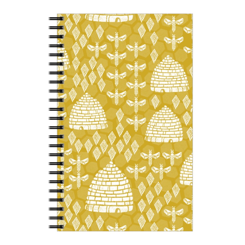 Bee Hives, Spring Florals Linocut Block Printed - Golden Yellow Notebook, 5x8, Yellow