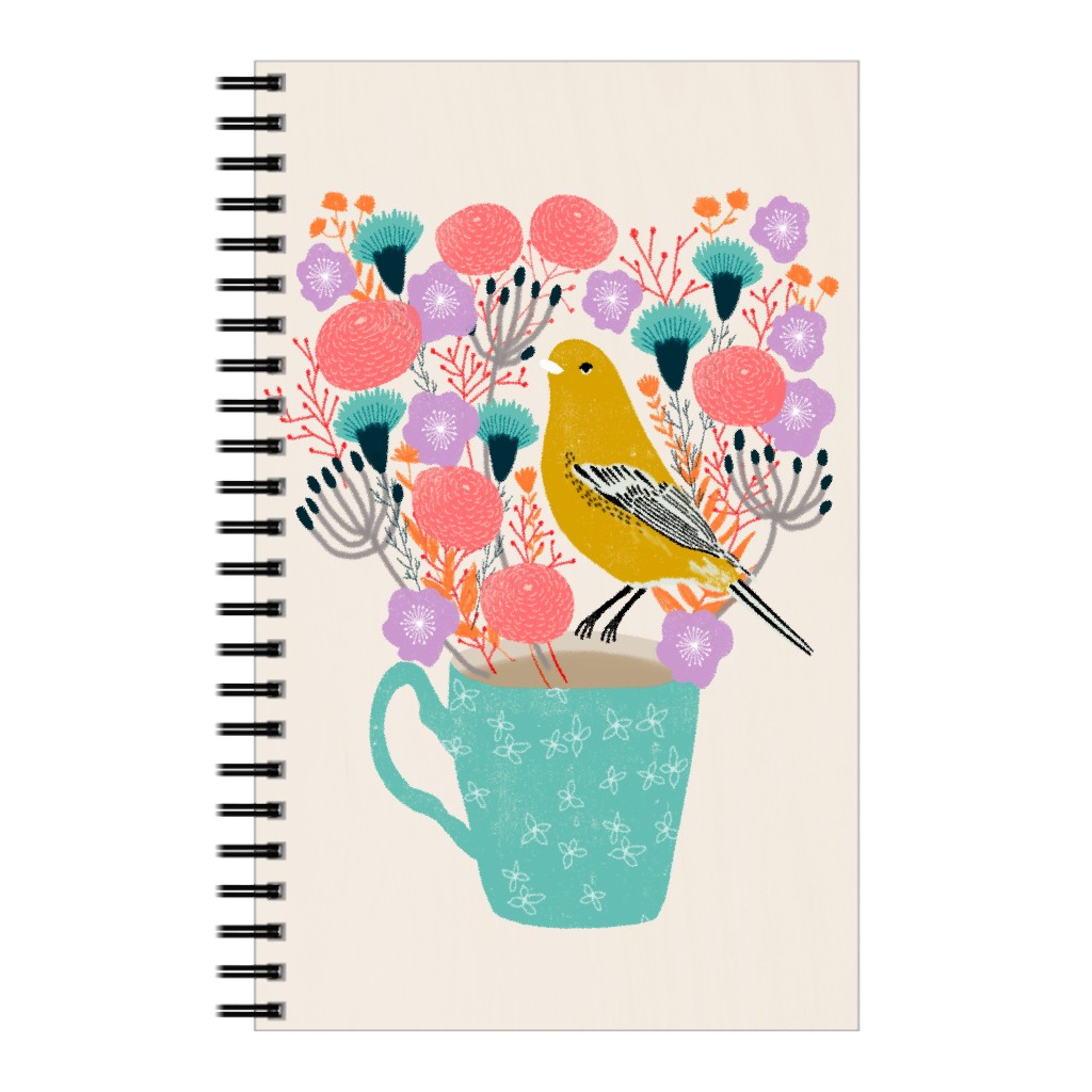 Yellow Bird on Teacup Bouquet Notebook, 5x8, Multicolor
