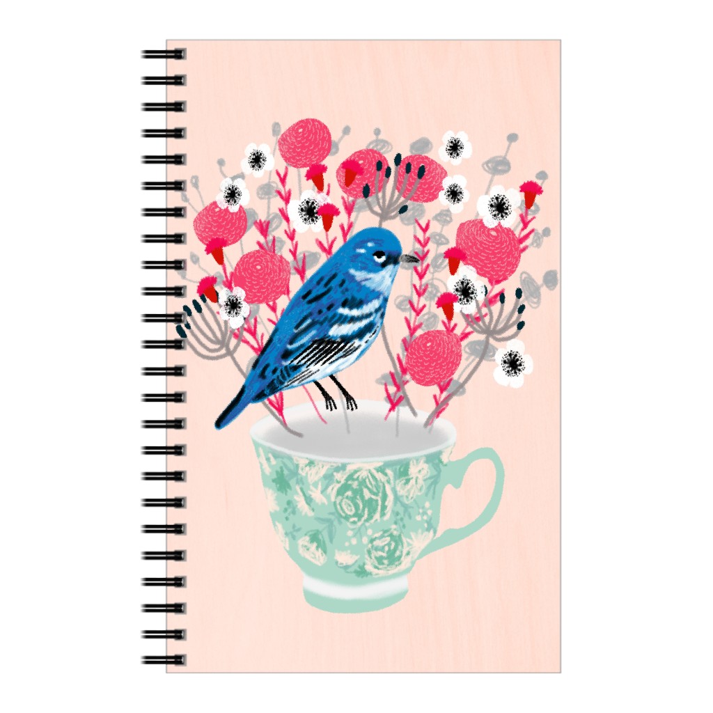 Blue Bird on Teacup Bouquet Notebook, 5x8, Multicolor