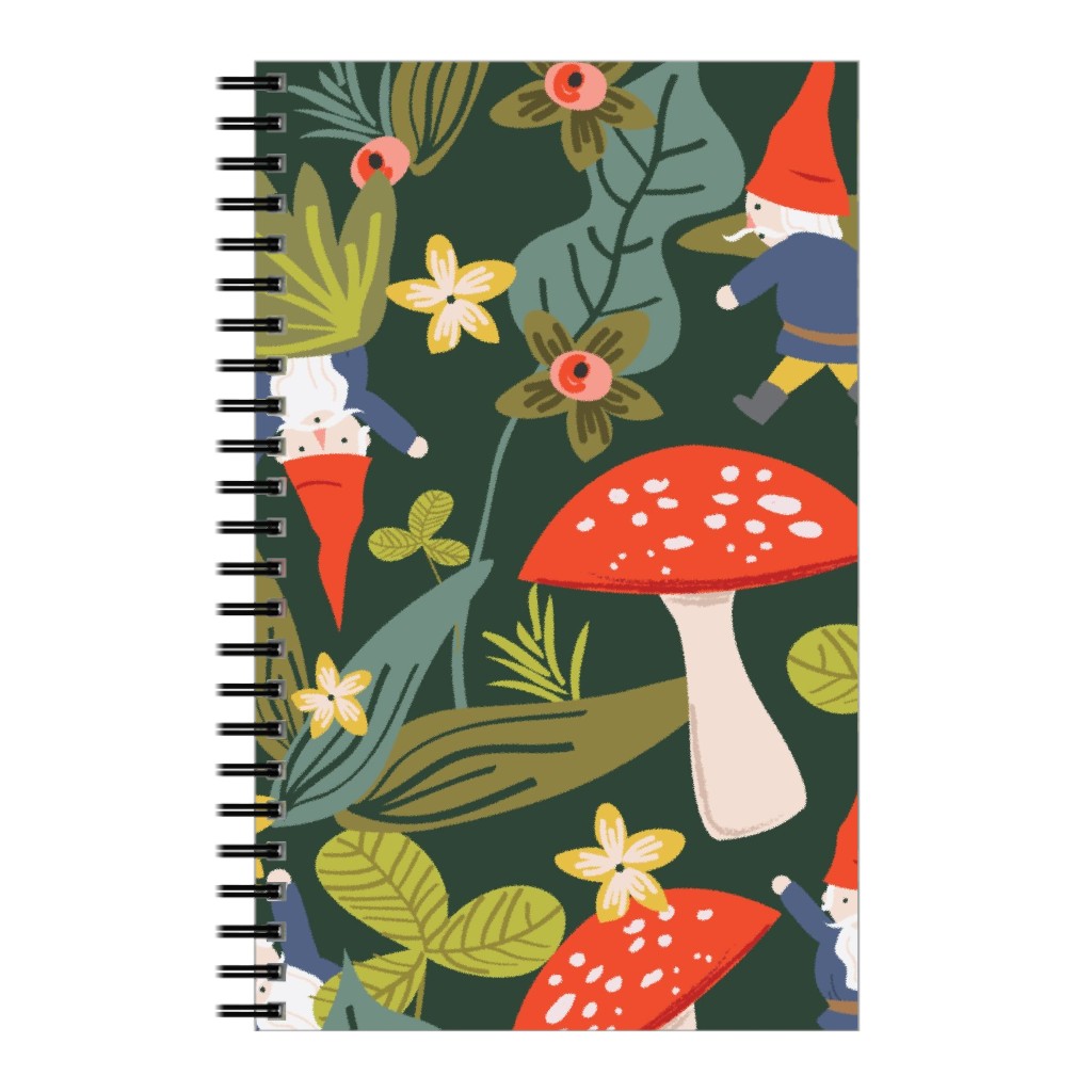 Woodland Gnomes & Mushrooms - Green Notebook, 5x8, Green