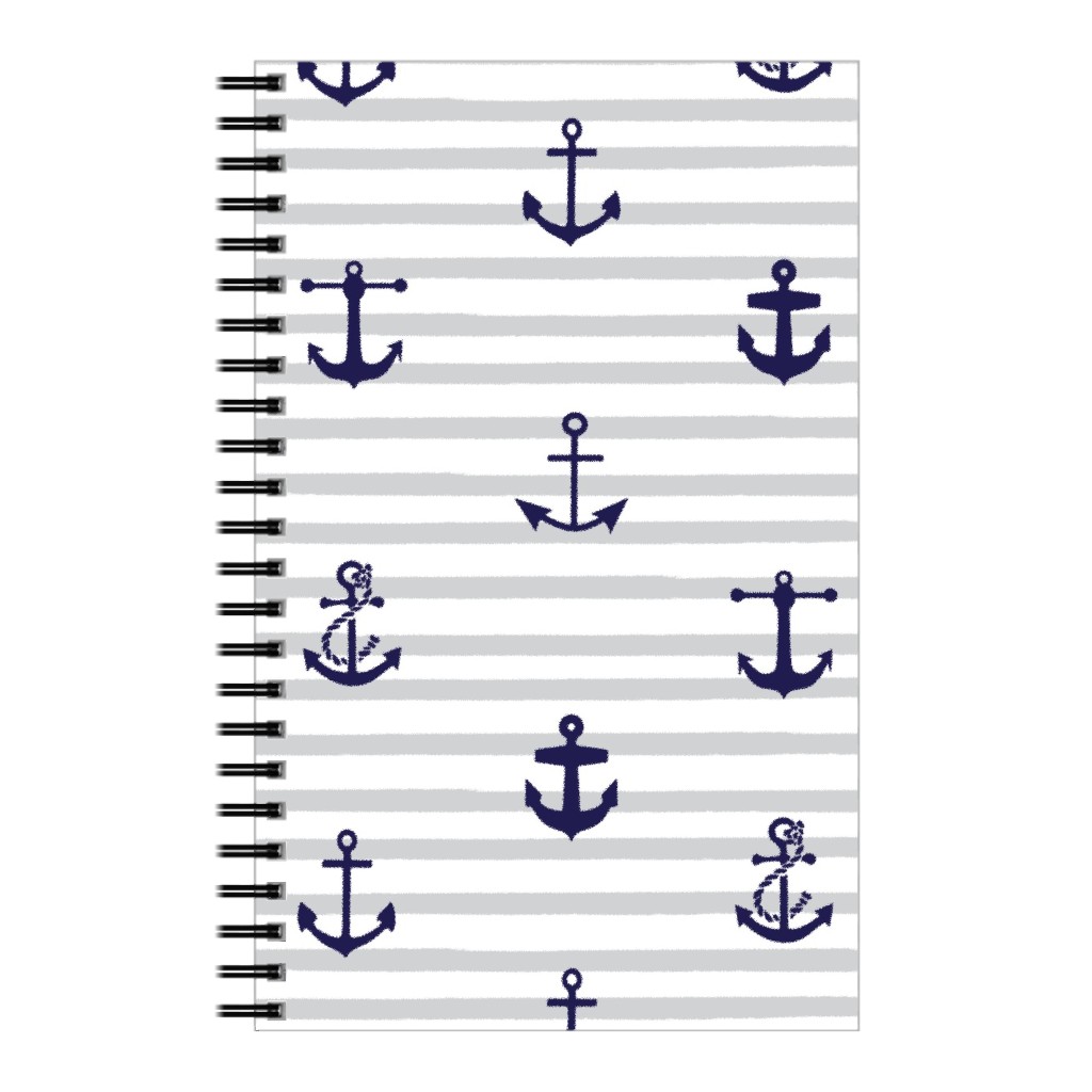 Anchors Away - Black on Gray Stripes Notebook, 5x8, Gray