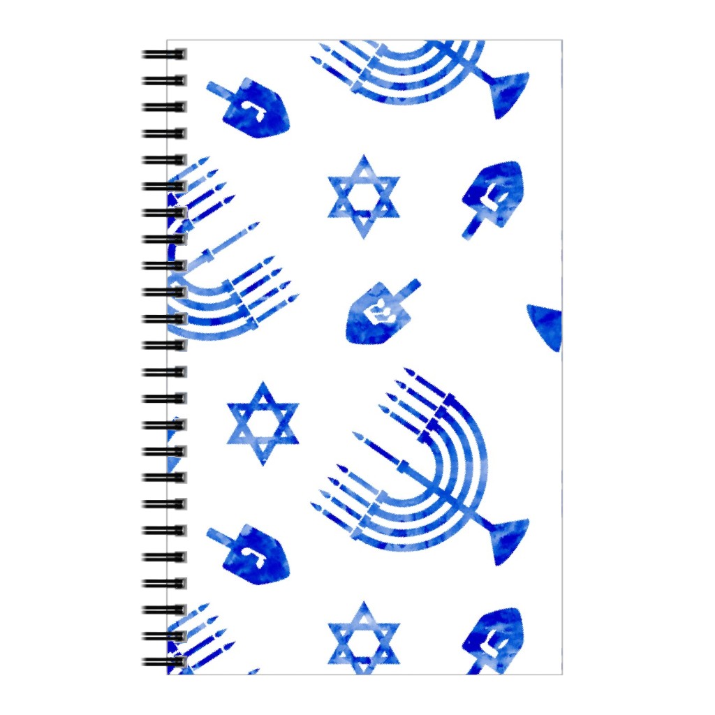 Watercolor Hanukkah Menorah, Dreidel, Star of David - Blue Notebook, 5x8, Blue