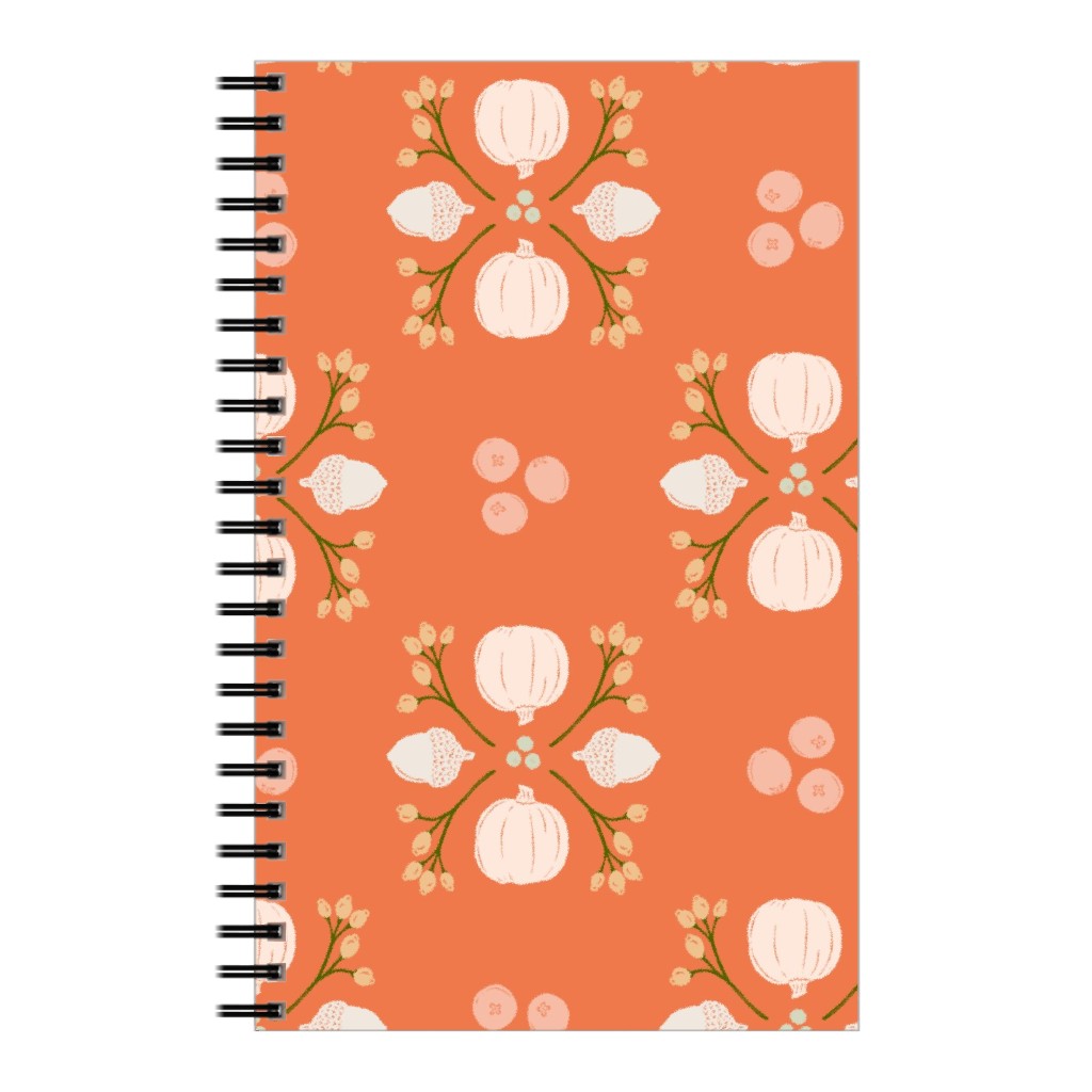 Bright Orange Acorn, Cranberry, & Pumpkin Fall Foliage Damask Notebook, 5x8, Orange