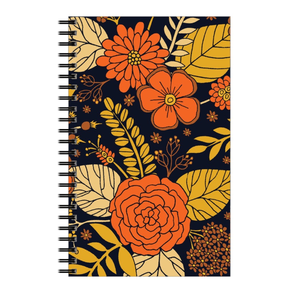 Retro Floral - Orange Brown and Yellow Notebook, 5x8, Orange