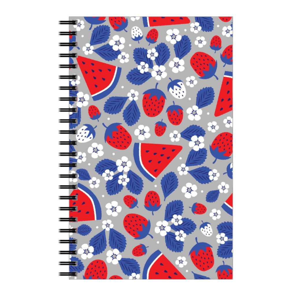 Summer Strawberries and Melons - Red, White and Blue Notebook, 5x8, Multicolor