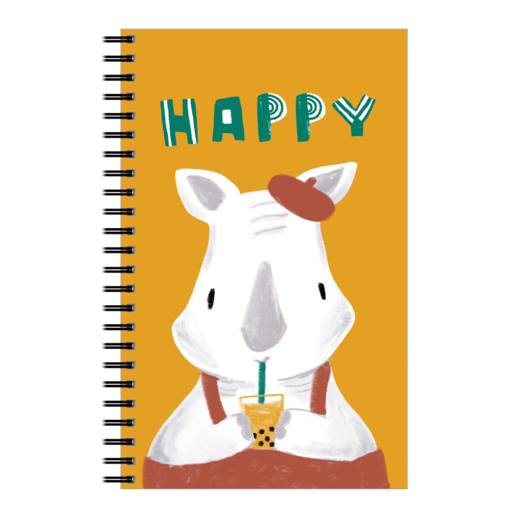 Happy Rhino & Bubble Tea - Orange Notebook, 5x8, Orange