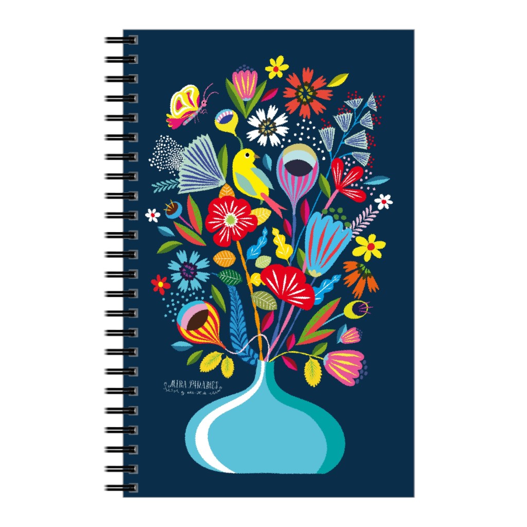 Folk Art Bouquet - Multi on Navy Notebook, 5x8, Multicolor