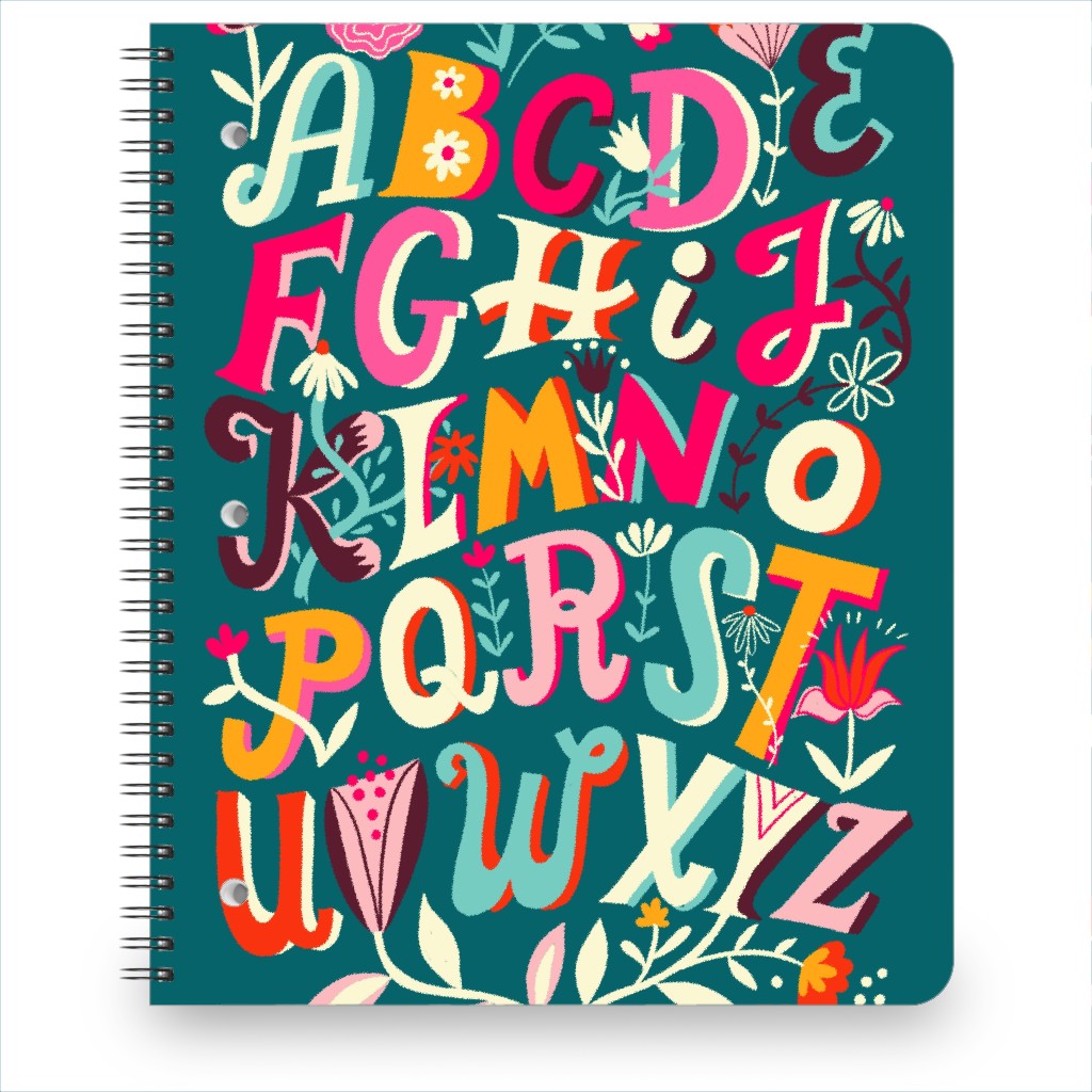 Flowering Alphabet - Teal Notebook, 8.5x11, Multicolor