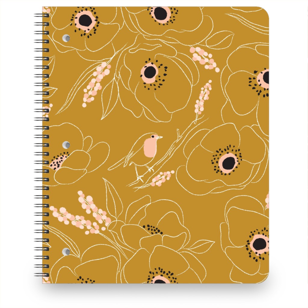 Freehand Robin & Winter Blooms - Gold Notebook, 8.5x11, Yellow, Classic Yellow