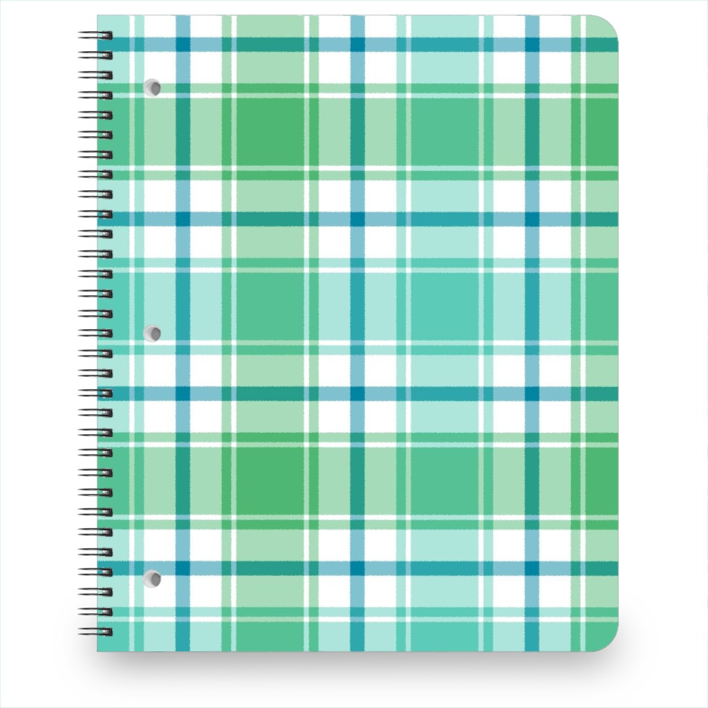 Blue, Green, Turquoise, and White Plaid Notebook, 8.5x11, Green, Classic Green