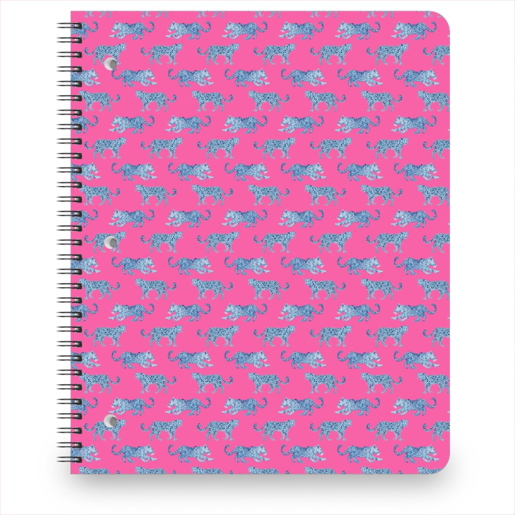 Tiny Leopard Parade - Blue on Hot Pink Notebook, 8.5x11, Pink