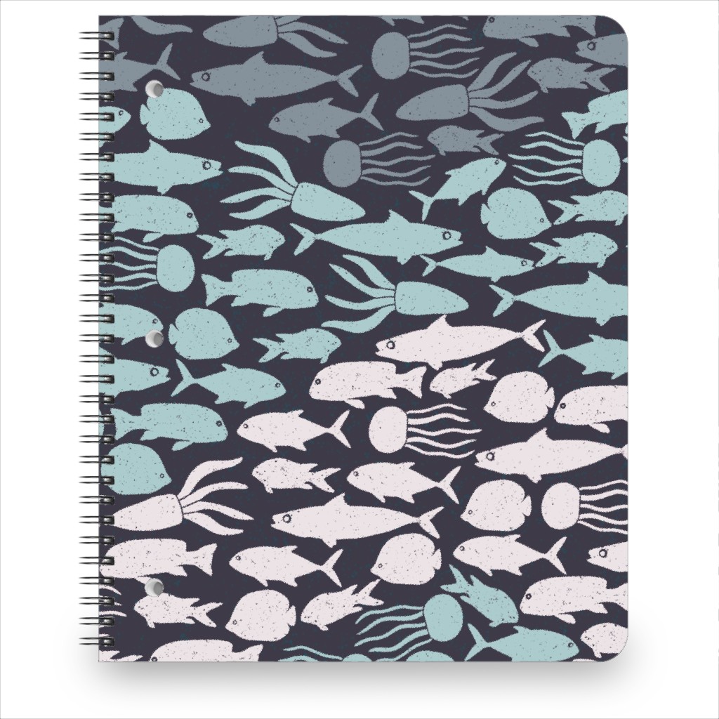 Fish School in Gray Aqua Dark Background Notebook, 8.5x11, Blue, True Blue