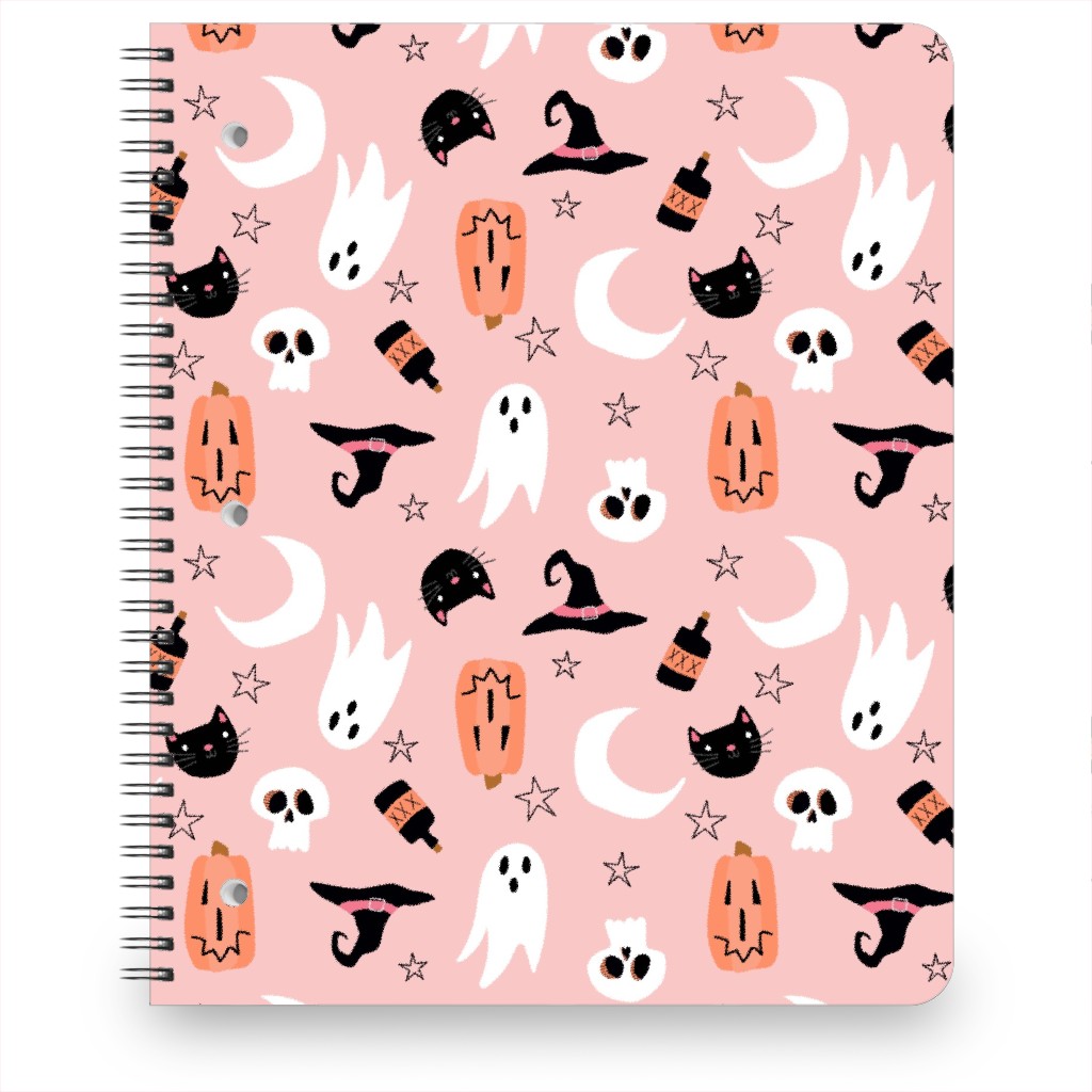 Sweet Halloween Pumpkin, Witch, Ghost, Cat Notebook, 8.5x11, Pink, Bright Pink