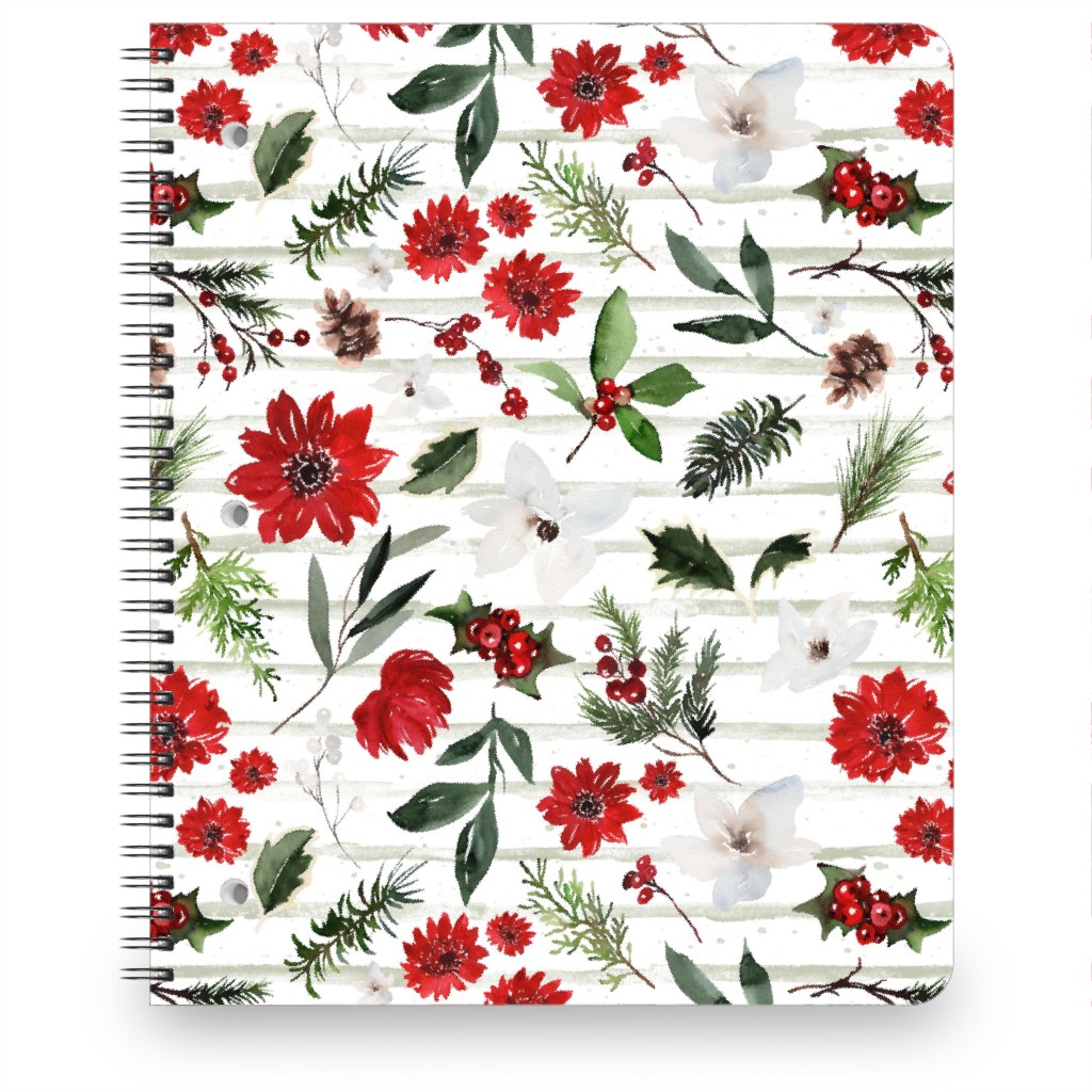 Jolly Christmas Florals - Mint Sage Stripes Notebook, 8.5x11, Multicolor