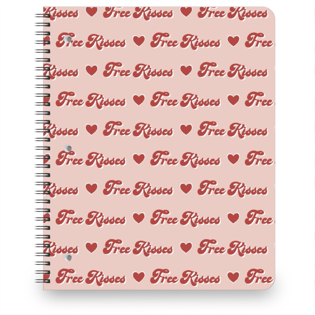 Free Kisses - Retro Hearts - Red on Pink Notebook, 8.5x11, Pink