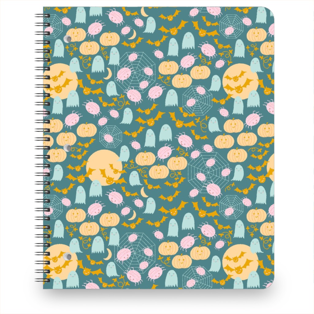 Cute Pastel Halloween Scene in Candy Colors - Pumpkin Ghost Spider Web Bat - Multi Notebook, 8.5x11, Multicolor