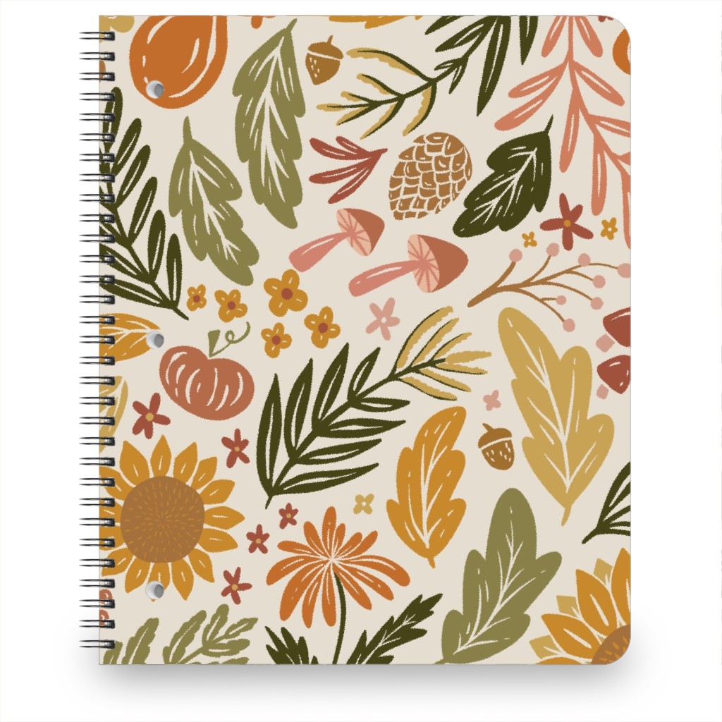 Autumn Botanicals - Leaves, Acorns, Sunflowers, Ferns, Mums, Pinecones, Mushrooms - Light Notebook, 8.5x11, Multicolor