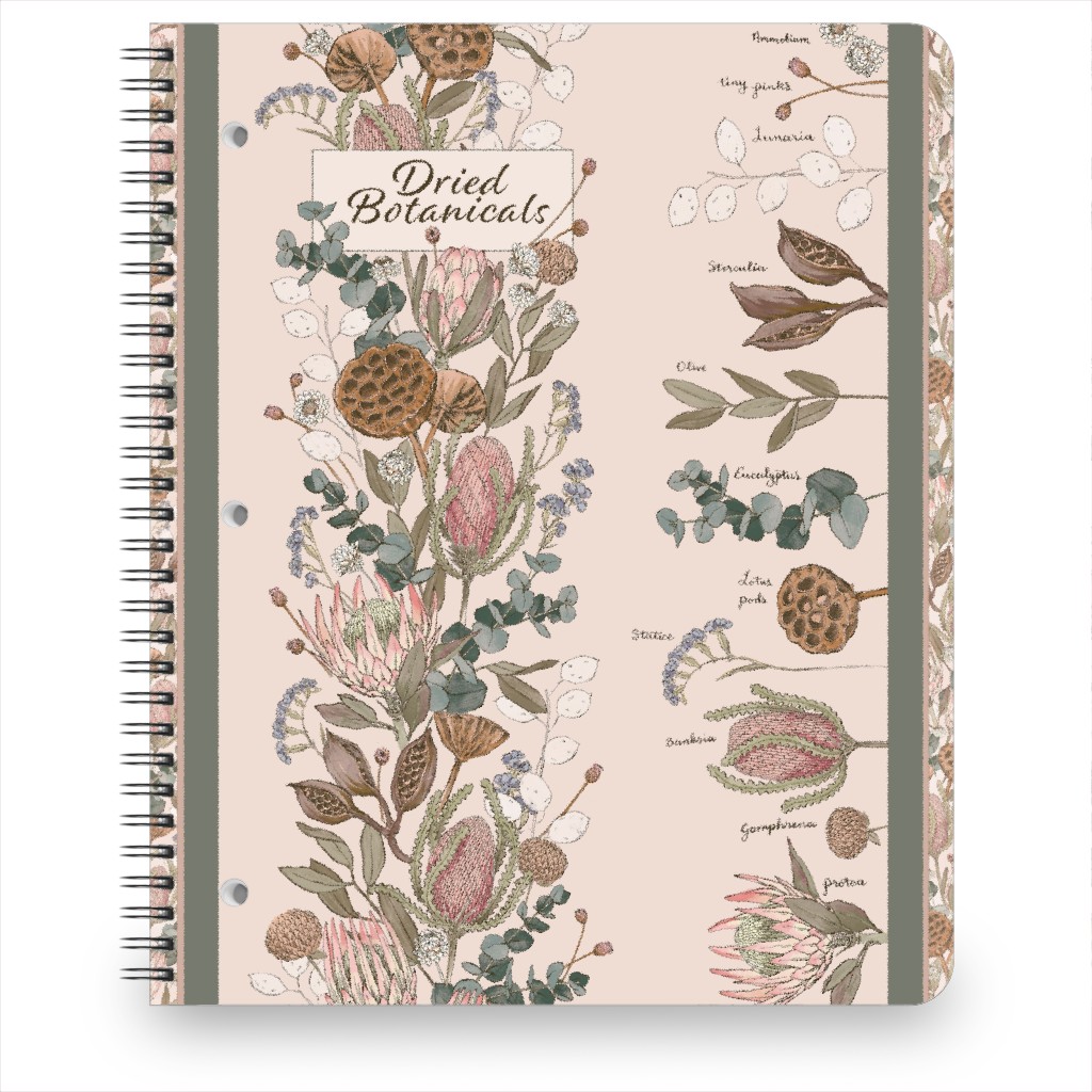 Dried Flower Botanical Illustration With Labels Notebook, 8.5x11, Pink, Bright Pink