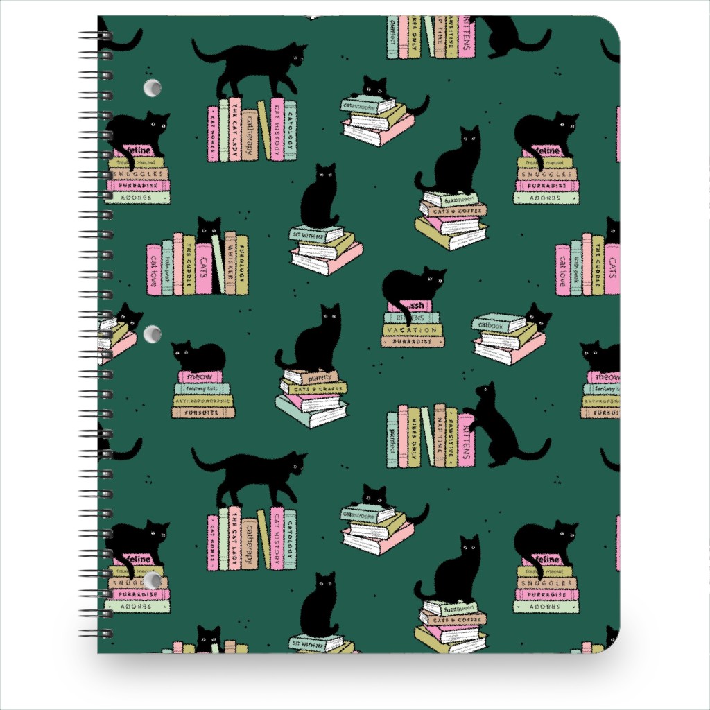 Cats and Books Notebook, 8.5x11, Green, Forest