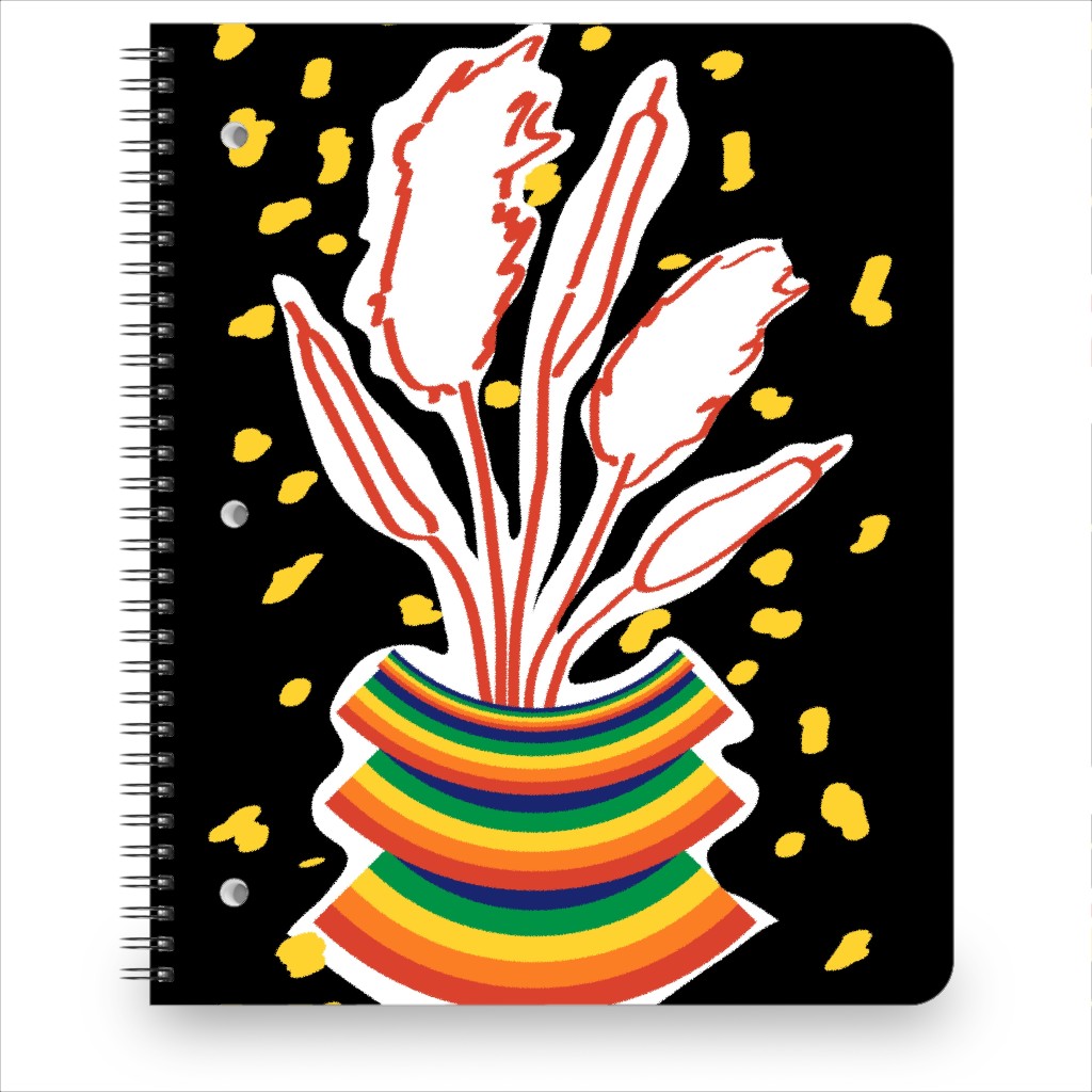 Retro Rainbow Abstract Floral in Vase - Multi on Black Notebook, 8.5x11, Multicolor