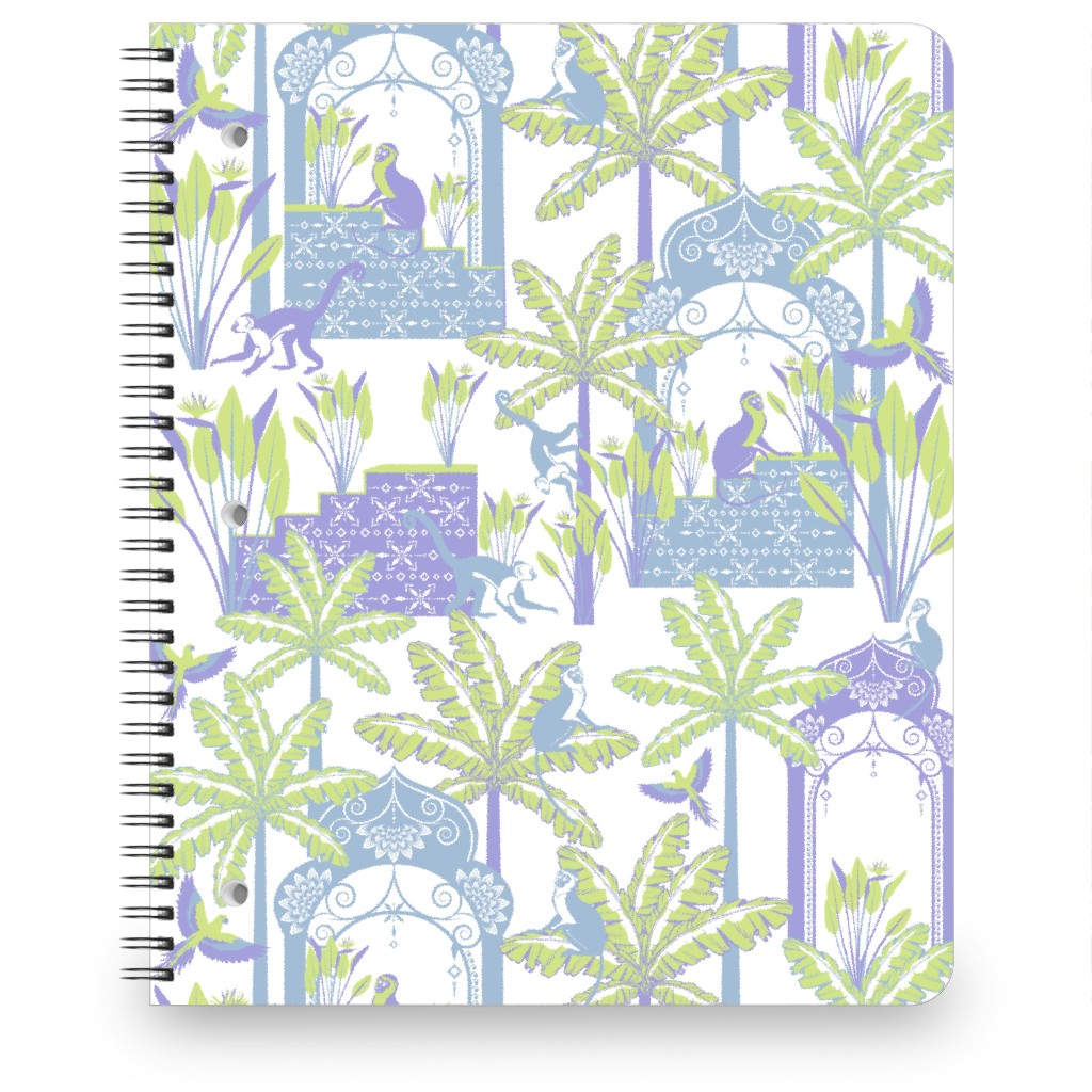 Tropical Garden With Monkeys in Pavilion - Blue and Green Notebook, 8.5x11, Green, Classic Green