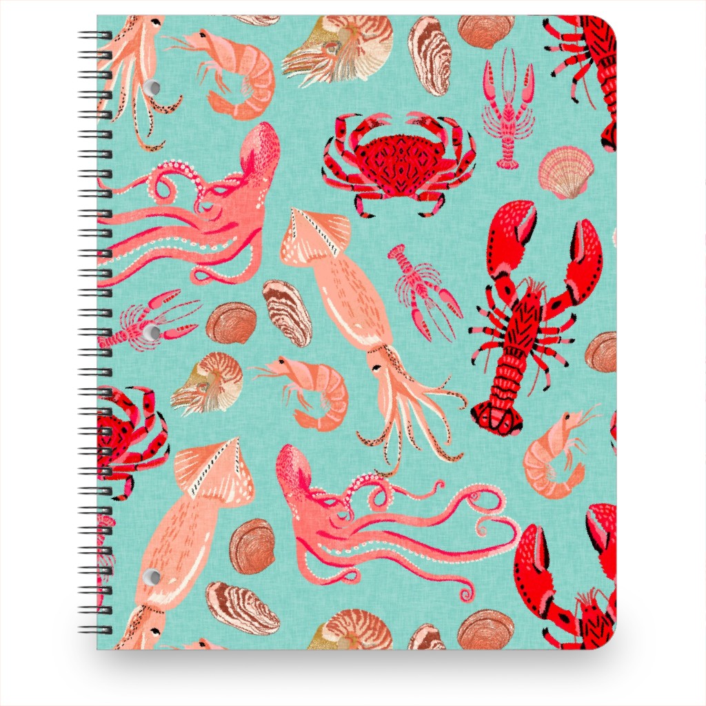 Ocean Creatures - Red on Green Notebook, 8.5x11, Red, Red