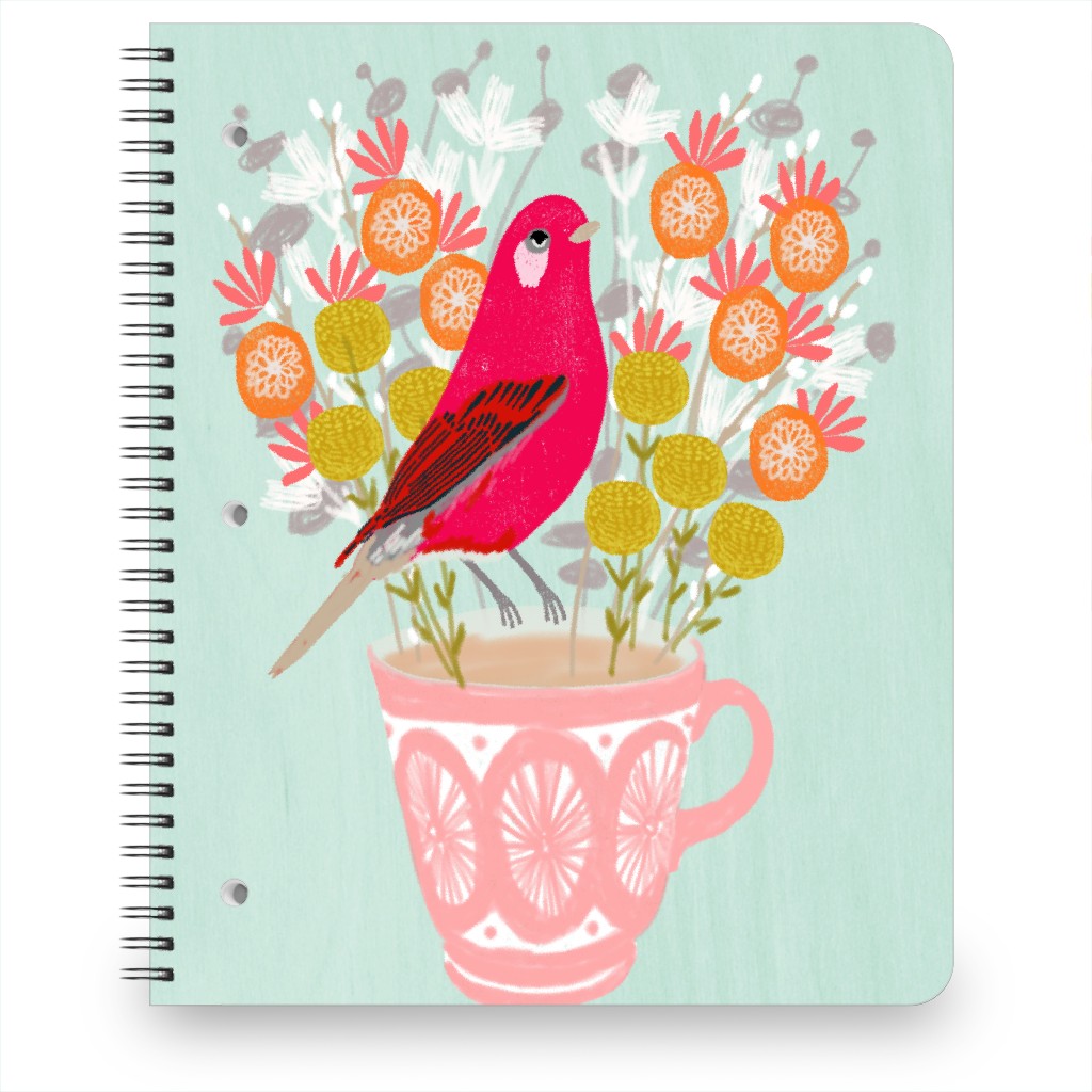 Red Bird on Teacup Bouquet Notebook, 8.5x11, Multicolor