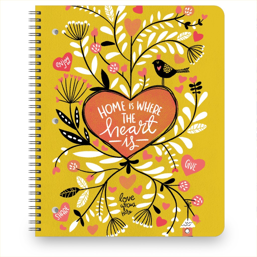 Home Is Where the Heart Is - Heart Botanical on Yellow Notebook, 8.5x11, Yellow