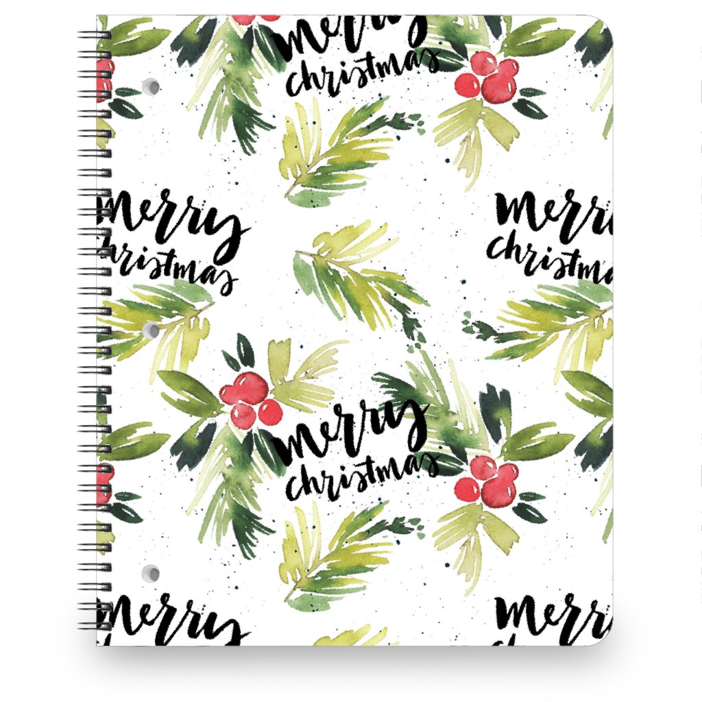 Merry Christmas Red Berry Holly Notebook, 8.5x11, White, White
