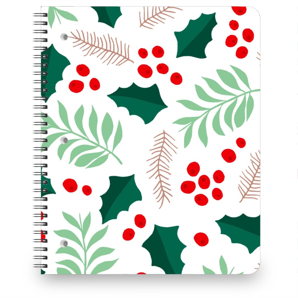 Botanical Christmas Garden Pine Leaves Holly Branch Berries - Green and Red Notebook, 8.5x11, Green