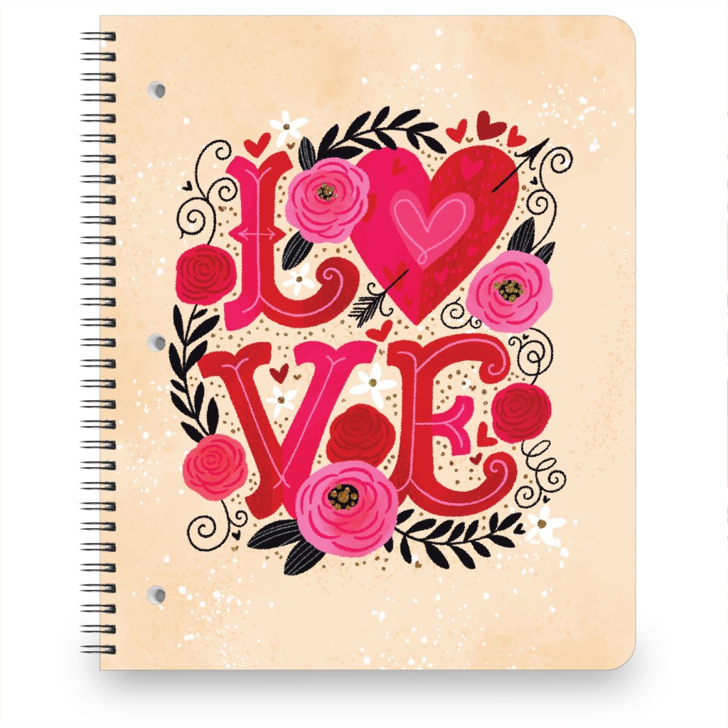 Love Letters - Pink With Florals on Tan Notebook, 8.5x11, Pink, Bright Pink