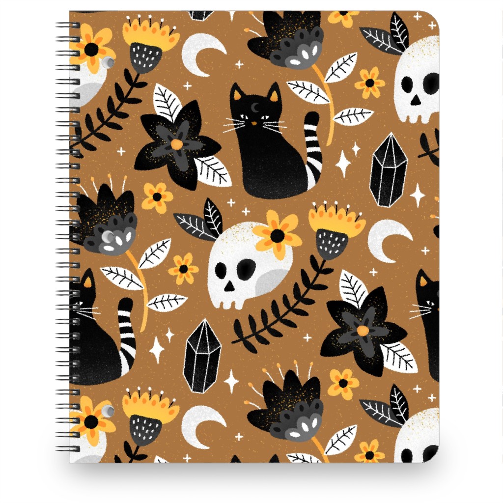 Black Cat & Floral Skull Notebook, 8.5x11, Brown, Brown