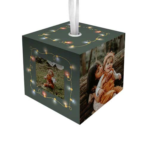 Christmas String Lights Cube Ornament, Green, Cubed