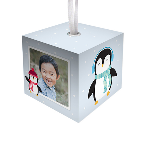 Winter Wonderland Penguins Cube Ornament, Blue, Cubed Ornament