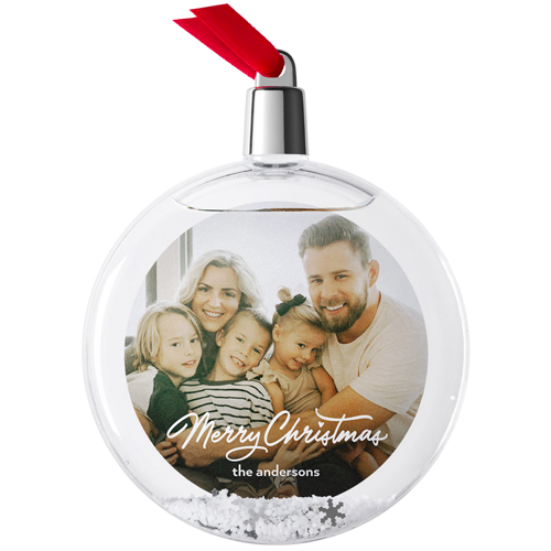 Merry Christmas Script Snow Globe Ornament, White, Circle