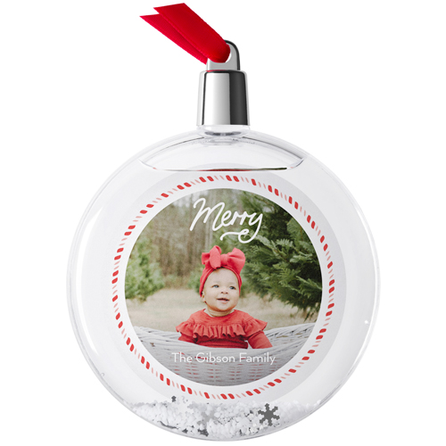 Candy Cane Border Snow Globe Ornament, White, Circle