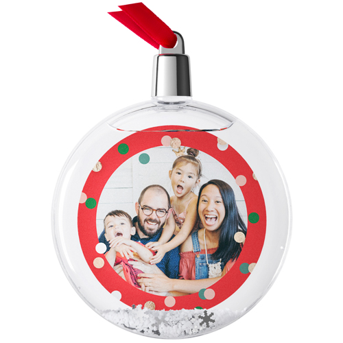 Colorful Confetti Snow Globe Ornament, Red, Circle, bright coral